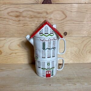 Anthropologie Festive Red and White Teapot tower